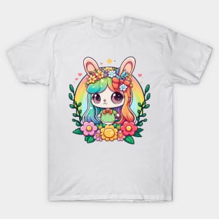 Happy Easter Bunny Girl In Basket. Spring Rainbow Flowers T-Shirt